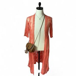 Cedar Rose Coral Lace Kimono Duster Open Front Soft Burnout Velvet‎ Cardigan